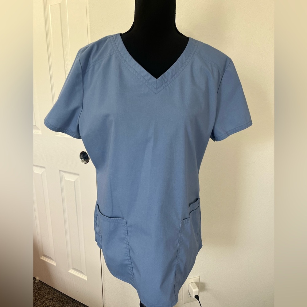Unisex Light Blue V-Neck Scrub Top Medical Workwear M/L Fit - Picture 4 of 5